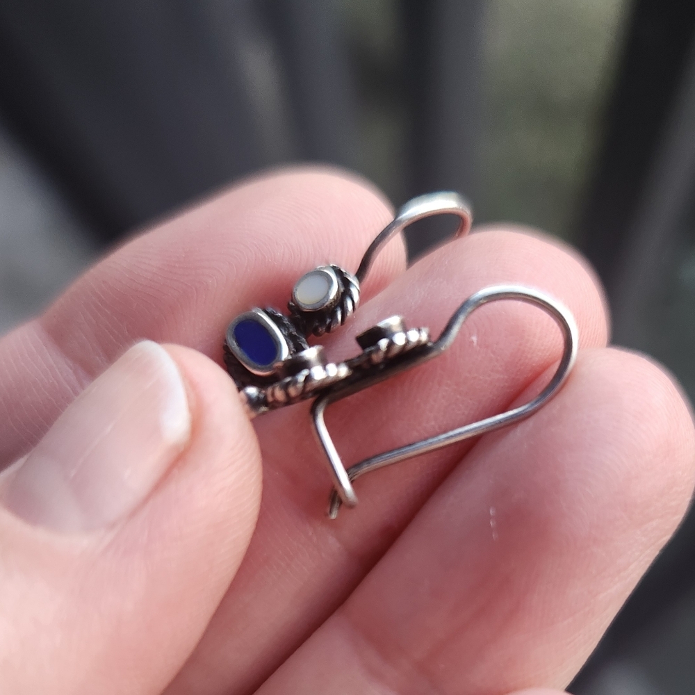 Handmade Sterling Silver 925 Vintage Lapis And Mother Of Pearl Dainty Earrings - Picture 3 of 5